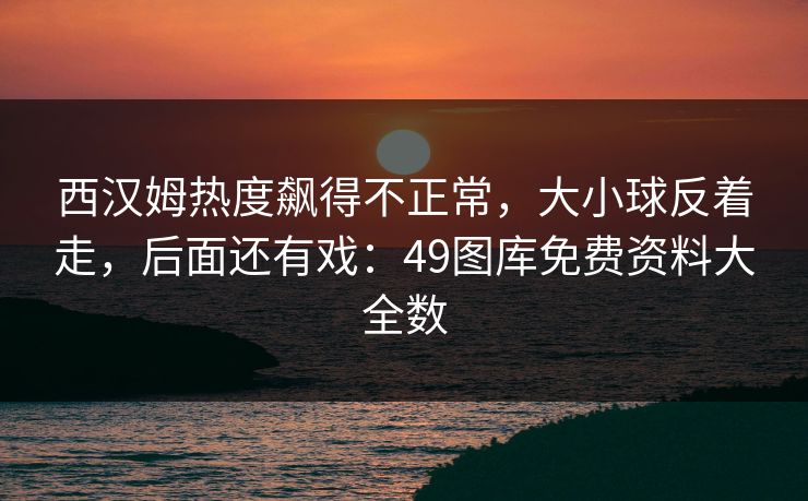 西汉姆热度飙得不正常，大小球反着走，后面还有戏：49图库免费资料大全数